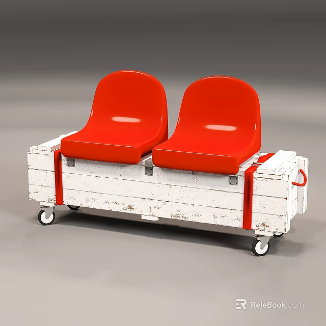 Public Chair With Two Red Seats And White Wooden Crate Structure On Wheels 3d model 