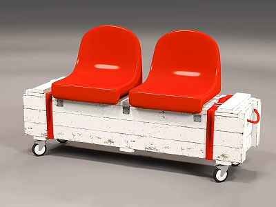 Public Chair With Two Red Seats And White Wooden Crate Structure On Wheels 3d model