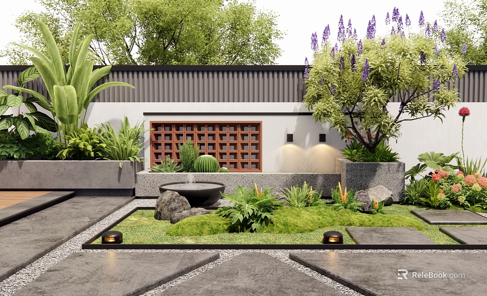 Modern Scenic Wall Design With Lattice Window Green Plants And Stones 3d model 