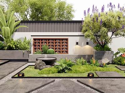 Modern Scenic Wall Design With Lattice Window Green Plants And Stones 3d model