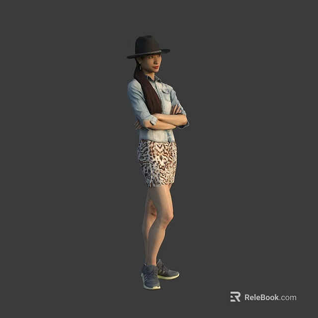 Stylish Woman In Denim Shirt Leopard Print Skirt And Hat Standing With Crossed Arms 3d model 