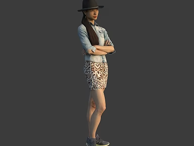 Stylish Woman In Denim Shirt Leopard Print Skirt And Hat Standing With Crossed Arms 3d model