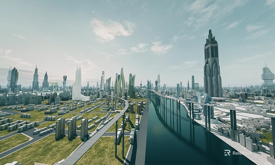 Modern Casement Door Design in Futuristic City with Skyscrapers Bridge Green Areas and Water 3d model 