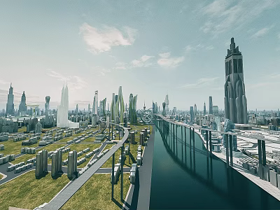Modern Casement Door Design in Futuristic City with Skyscrapers Bridge Green Areas and Water 3d model