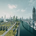 Modern Casement Door Design in Futuristic City with Skyscrapers Bridge Green Areas and Water