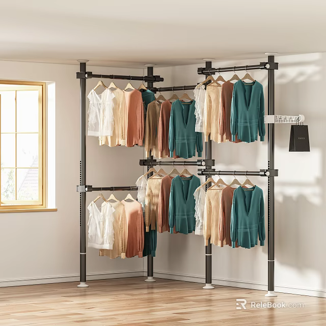 Multi tiered Metal Clothes Rack Hanging Assorted Colored Clothes In Indoor Room With Window Light 3d model 