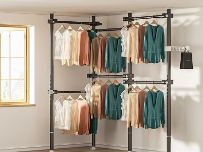 Multi tiered Metal Clothes Rack Hanging Assorted Colored Clothes In Indoor Room With Window Light 3d model