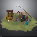 Camping Outdoor Gear Setup With Yellow Backpack Fishing Rod Tree Stump Pot And Lantern