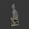 Ancient Terracotta Warrior Sculpture Carving With Kneeling Posture Detailed Armor And Green Head Decoration