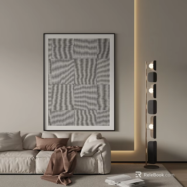 Modern Living Room Interior With Sofa Pillows Blanket Geometric Painting And Floor Lamp 3d model 