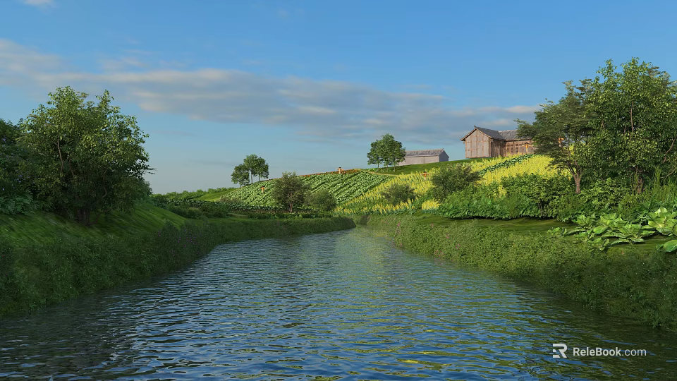 Scenic River Landscape With Green Grass Trees Small Houses And Clouds Under Blue Sky 3d model 