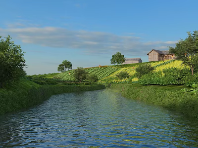 Scenic River Landscape With Green Grass Trees Small Houses And Clouds Under Blue Sky 3d model