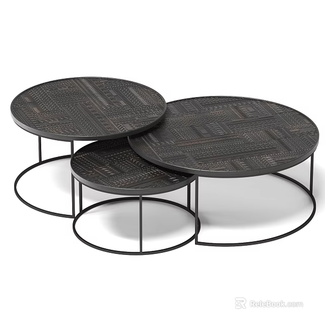Set Of Three Round Coffee Tables With Black Metal Frames And Textured Surfaces 3d model 