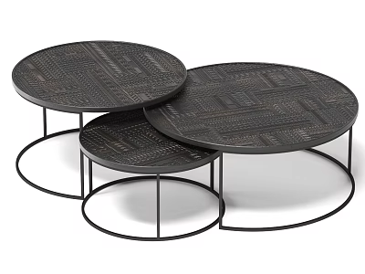 Set Of Three Round Coffee Tables With Black Metal Frames And Textured Surfaces 3d model