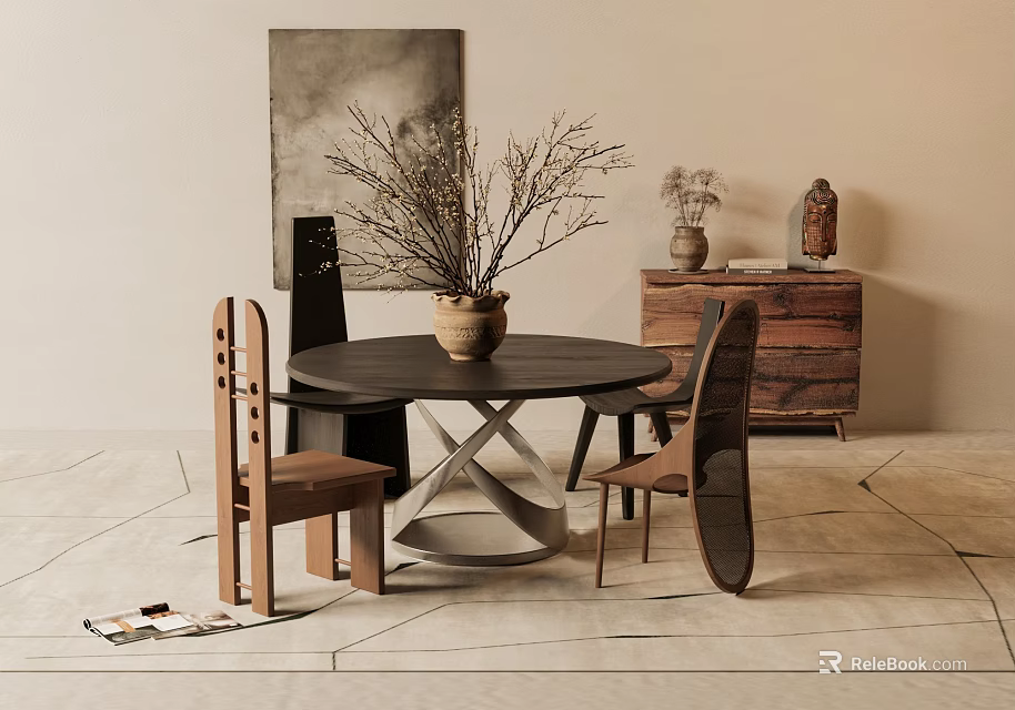 Minimalist Round Dining Table Set with Unique Designed Wooden Chairs Decorative Cabinet and Wall Art 3d model 