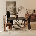 Minimalist Round Dining Table Set with Unique Designed Wooden Chairs Decorative Cabinet and Wall Art