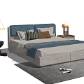 Modern Double Bed With Blue Headboard Multiple Pillows Blue Throw Blanket Nightstand And Table Lamp 3d model