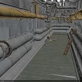 Modern Industrial Pipe Corridor With Metal Pipes Yellow Cables And Wooden Floor