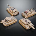 Four Sand Colored Tank Models With Cannons On Dark Reflective Background 3d model
