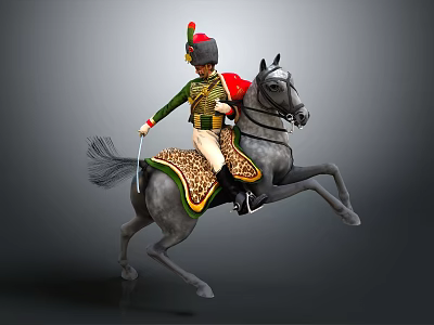 Military Soldier In Green Uniform Riding Rearing Gray Horse With Decorative Saddle Pad 3d model