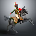 Military Soldier In Green Uniform Riding Rearing Gray Horse With Decorative Saddle Pad