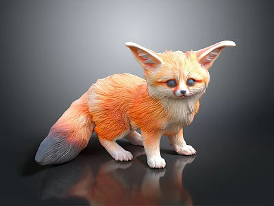 Baby Fennec Fox With Orange Yellow Fur Large Ears Blue Eyes On Black Background Reflection 3d model