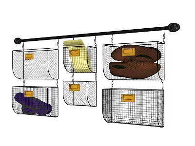 Hanging Storage Rack with Metal Mesh Baskets for Shoes and Yellow Labels 3d model