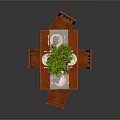 Wooden Dining Table With Four Chairs Green Plant Red Wine Glasses Tableware And Tablecloth