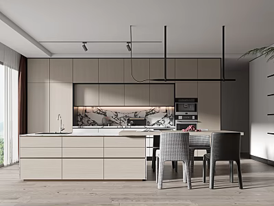 Modern Restaurant Interior Design With Island Counter Dining Chairs And Pendant Lighting 3d model