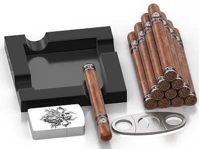 Elegant Cigar Accessories Collection With Ashtray Cutter Box And Stacked Cigars 3d model