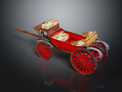 Vintage Red Carriage With Wooden Frame Red Wheels And Packages Inside 3d model