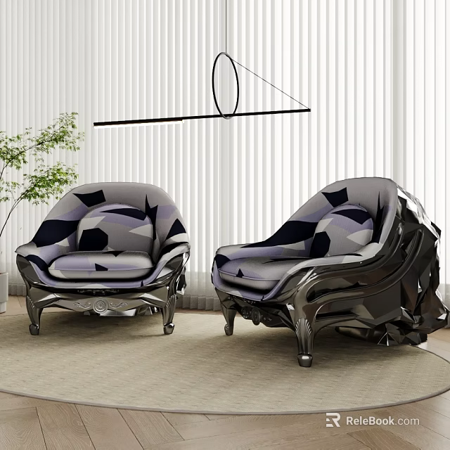 Modern Single Sofa With Stylish Geometric Pattern Black Legs Interior Window Plant And Hanging Lamp 3d model 