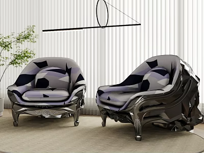 Modern Single Sofa With Stylish Geometric Pattern Black Legs Interior Window Plant And Hanging Lamp 3d model