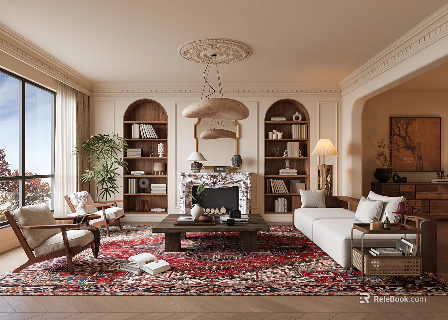 Elegant Living Room Interior Design With Fireplace Bookshelves Chandelier Sofa And Decorative Rug 3d model 