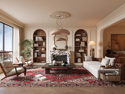 Elegant Living Room Interior Design With Fireplace Bookshelves Chandelier Sofa And Decorative Rug 3d model