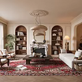 Elegant Living Room Interior Design With Fireplace Bookshelves Chandelier Sofa And Decorative Rug