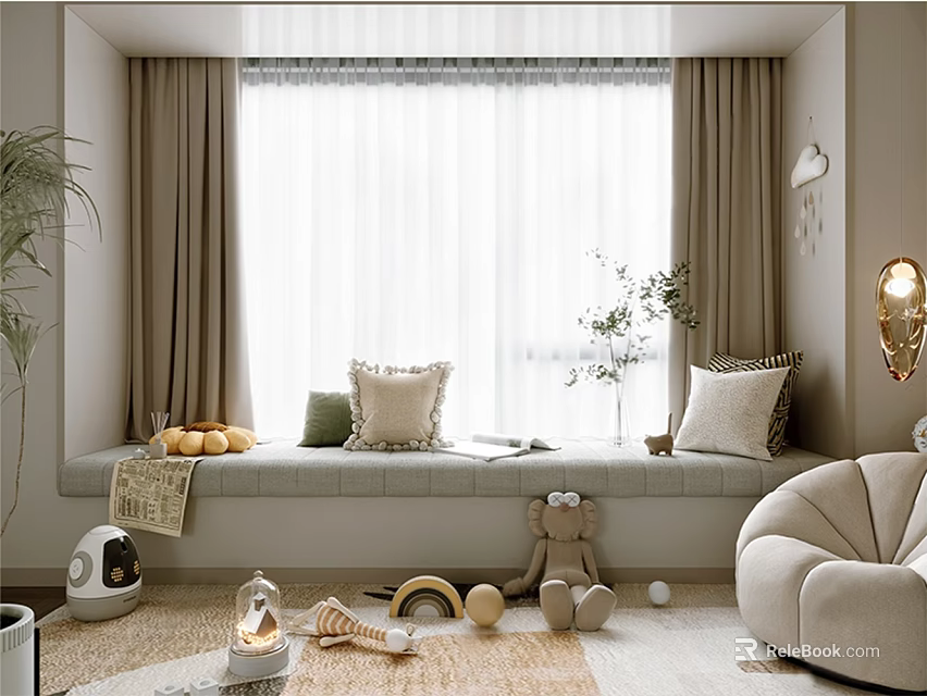 Cozy Bay Window Seat With Soft Pillows Natural Light Curtains And Toys 3d model 