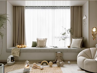 Cozy Bay Window Seat With Soft Pillows Natural Light Curtains And Toys 3d model