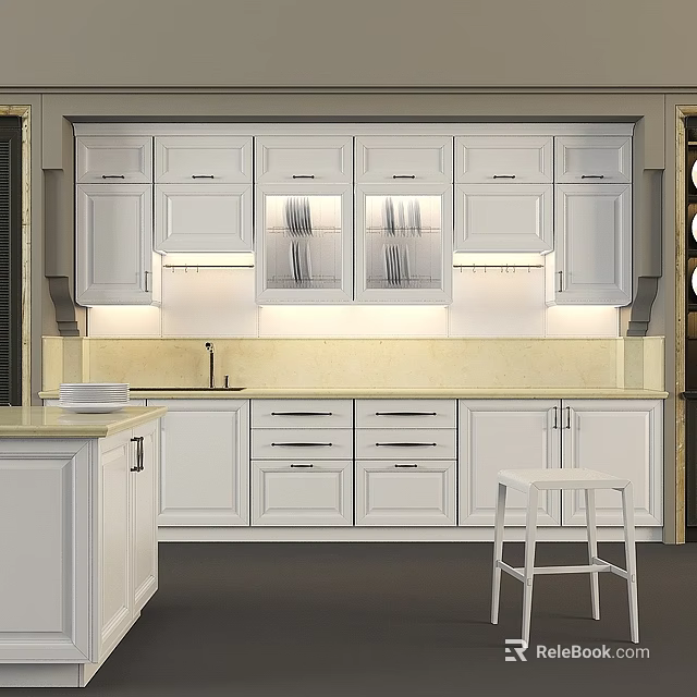 White Modern Kitchen Cabinets With Glass Doors Under Cabinet Lighting And Light Countertop 3d model 