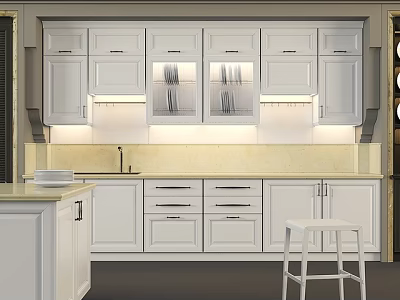 White Modern Kitchen Cabinets With Glass Doors Under Cabinet Lighting And Light Countertop 3d model