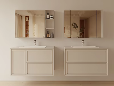 Modern Bathroom Interior Design With Double White Vanities Mirrors And Shelves With Toiletries 3d model