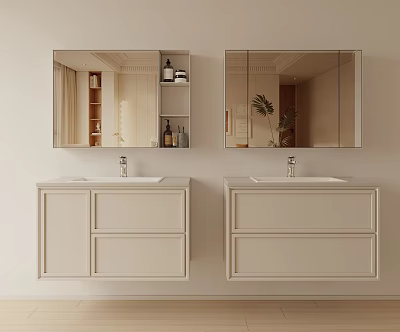 Modern Bathroom Interior Design With Double White Vanities Mirrors And Shelves With Toiletries 3d model