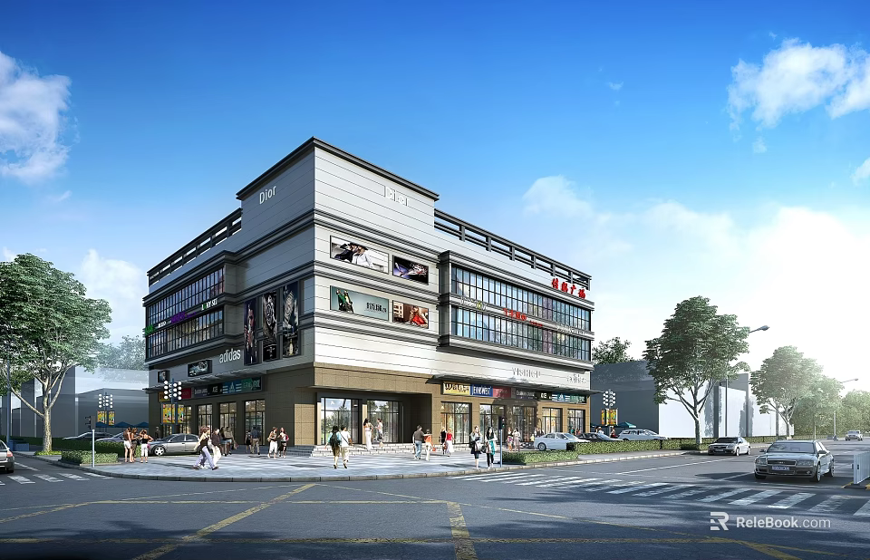 Modern Commercial Complex with Multi Storey Glass Facade Retail Shops and Pedestrians on Busy Street 3d model 