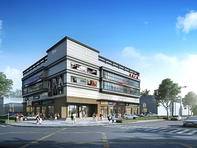Modern Commercial Complex with Multi Storey Glass Facade Retail Shops and Pedestrians on Busy Street 3d model