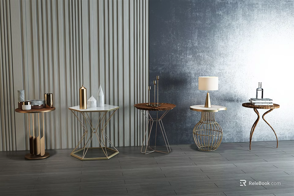 Modern Side Tables With Various Designs Metal Frames And Decorative Items 3d model