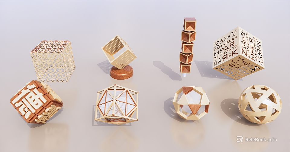 Geometric Wooden Sculptures With Various Shapes Intricate Carvings And Patterns 3d model 