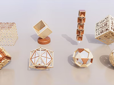 Geometric Wooden Sculptures With Various Shapes Intricate Carvings And Patterns 3d model