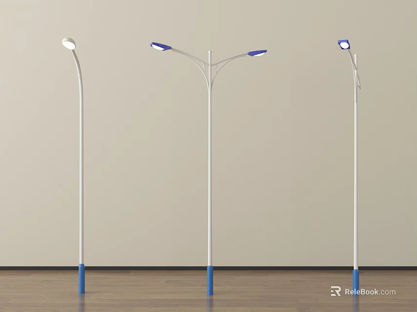Outdoor Street Lights With White Poles Blue Bases And Various Lamp Head Designs 3d model 