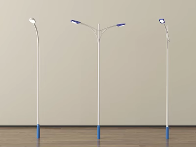 Outdoor Street Lights With White Poles Blue Bases And Various Lamp Head Designs 3d model
