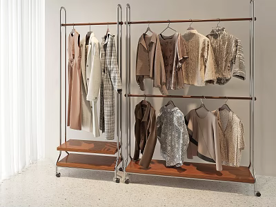 Stylish Clothes in Neutral Tones Hanging on Metal Racks with Wooden Bases 3d model
